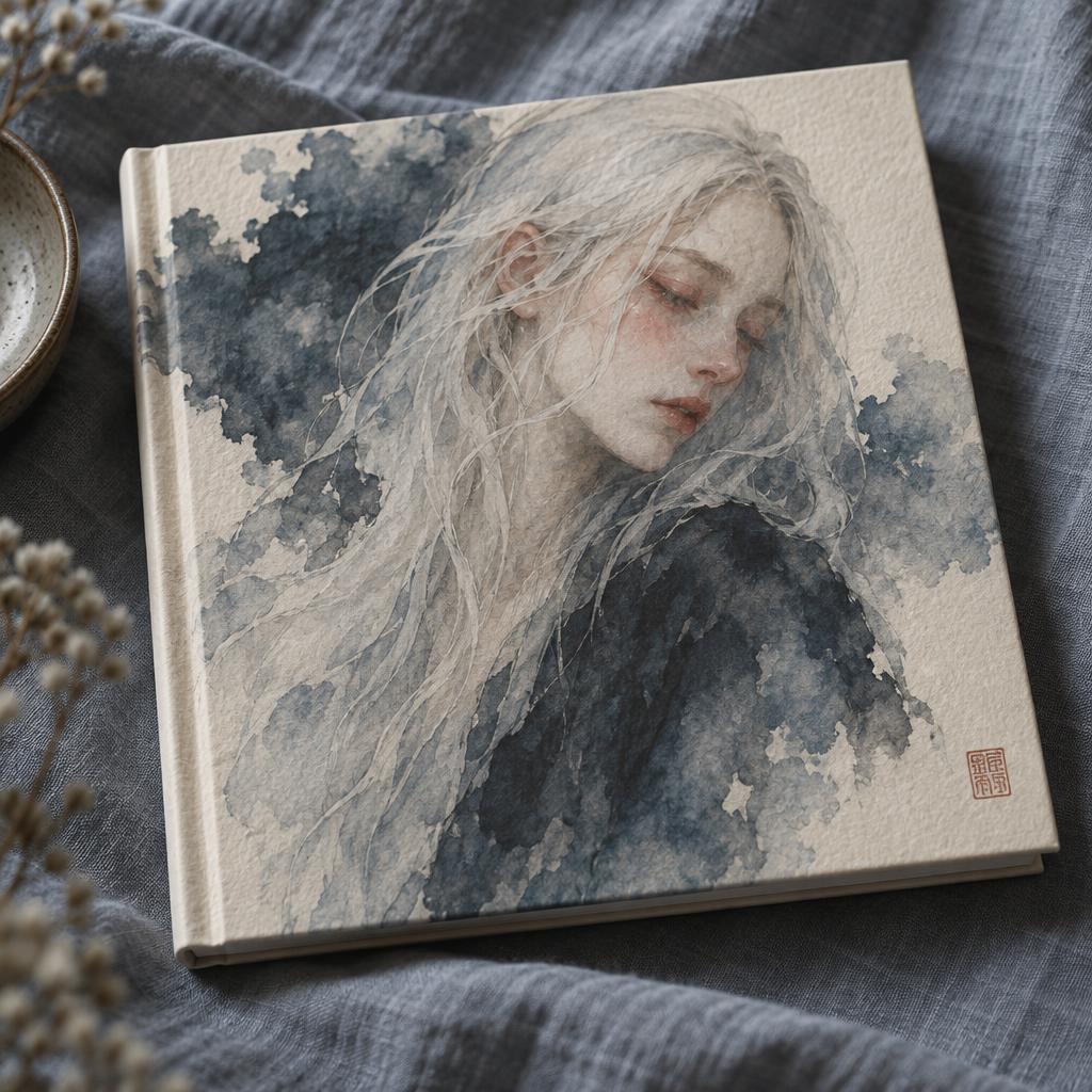 Gebundenes Artbook mit hellem Leineneinband und kleinem Aquarellporträt auf dem Cover