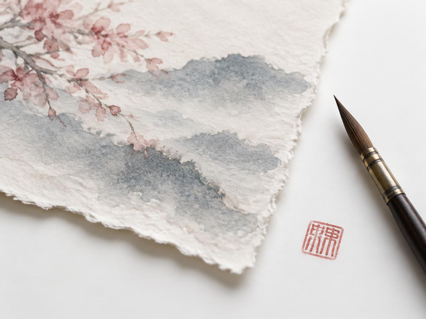 Baumwollpapier mit Aquarellfarbe in Rosé und Schieferblau, daneben Pinsel und rotes Siegel