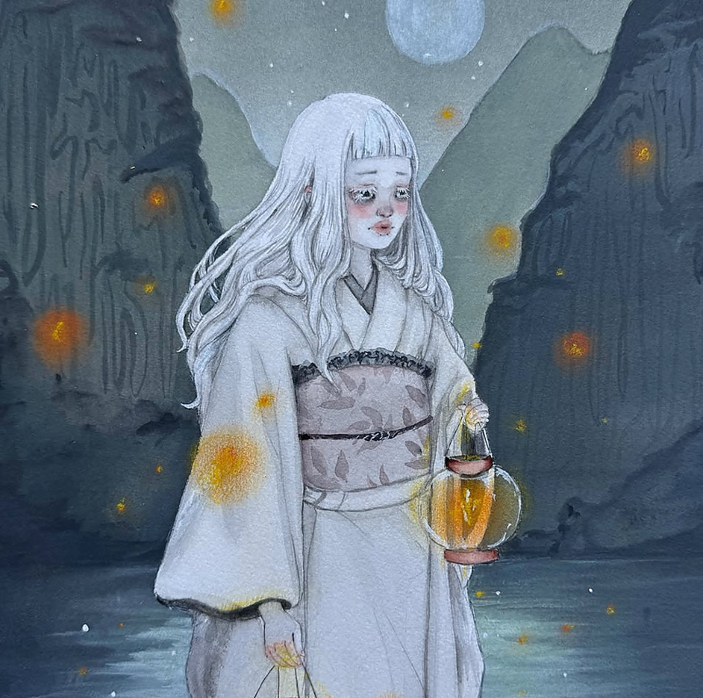 Aquarell einer weißhaarigen Figur im Kimono mit Papierlaterne an einem nächtlichen Fluss