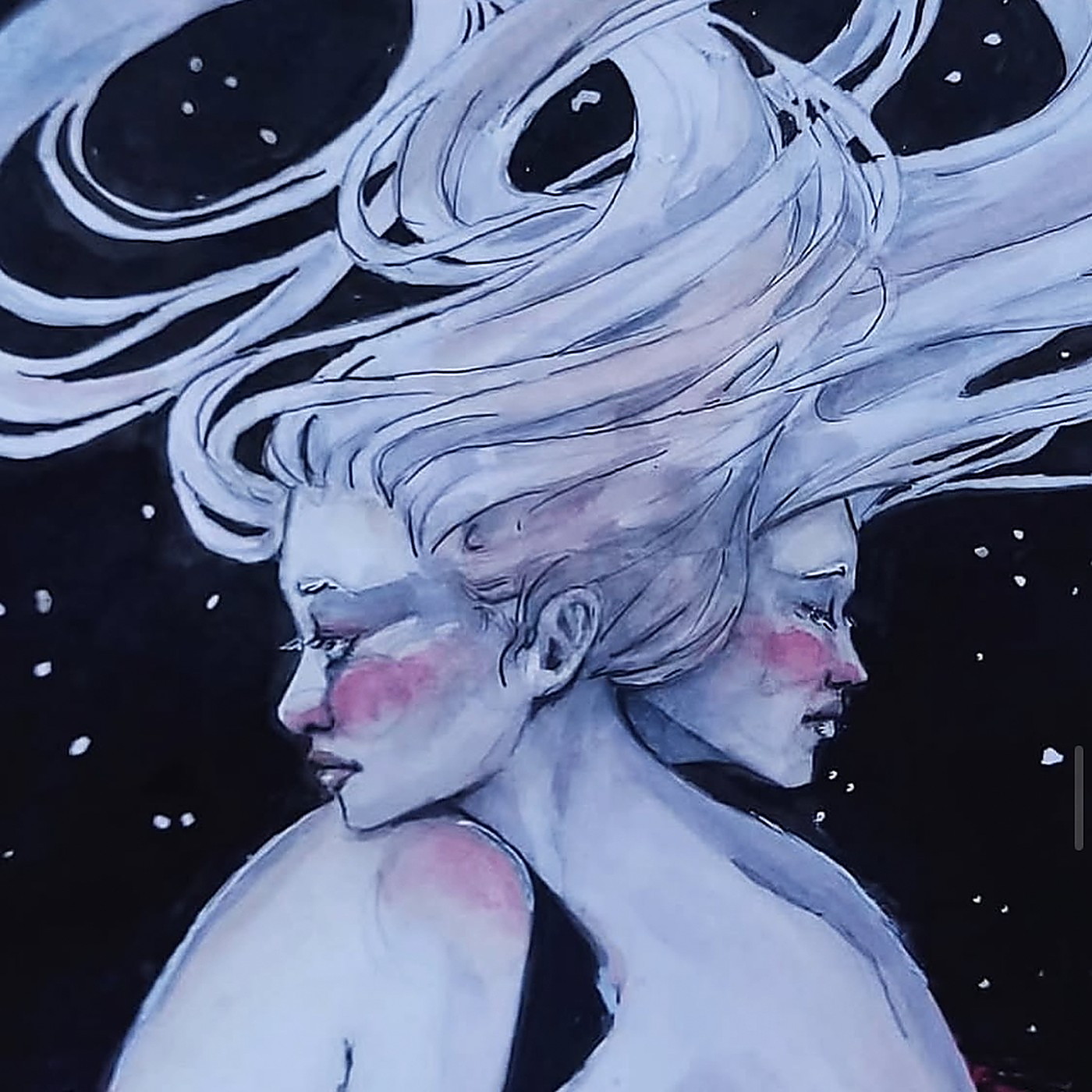 Aquarell-Doppelporträt in Rosé und Blau, zwei Gesichter dicht beieinander mit ineinanderlaufenden Farben