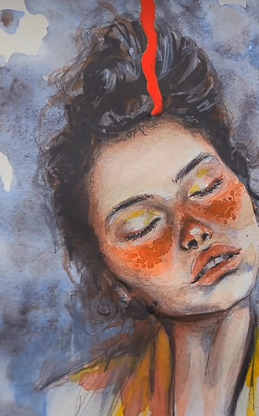 Zarte Aquarellstudie eines Profils mit erhobenen Händen, warme Ocker- und Rosétöne auf weißem Papier